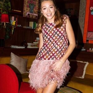 Queen of Sparkles Pink Feather Diamond Sequence Shift Party Dress XS LIKE NEW